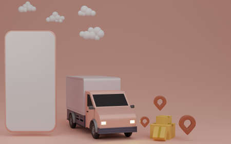 Online delivery service app concept, Delivery van and mobile phone with pin on house. 3D renderingの写真素材