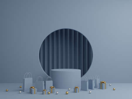 Blue background with podium mockup, gift box and shopping bag for product. 3D rendering.
