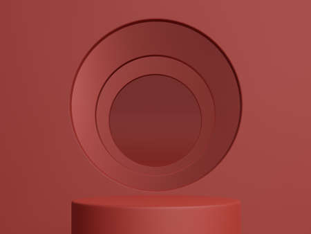 3d rendering. Show cosmetic product, empty scene, red minimal wall. Fashion showcase, display case.