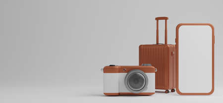 Brown luggage with white screen mobile mockup and camera over white background travel concept. 3d...