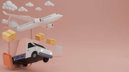 Delivery service concept. Delivery van, airplane shipping cargo, shopping bag and brown box shipping...