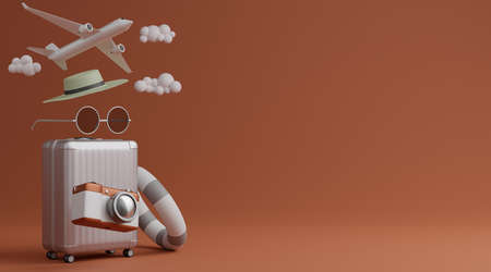 White luggage with airplane, grey and white swimming rubber ring , sunglasses and camera over brown background travel concept. 3d renderingの写真素材