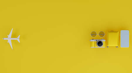 White screen mobile mockup with airplane, camera, luggage, and sunglasses over yellow background travel concept. 3d renderingの写真素材