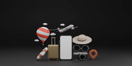 white screen mobile mockup with airplane, balloon, swimming rubber ring, luggage, sunglasses, hat and camera over black background travel concept. 3d renderingの写真素材