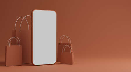Smartphone with blank white screen mockup and paper shopping bag on pastel background. Shopping online concept. 3D rendering.の写真素材