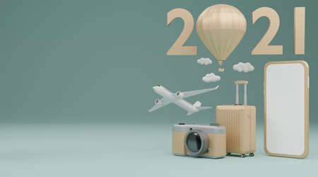 Happy New Year 2021: White screen mobile mockup with airplane, luggage and camera over pastel green...