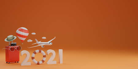 Happy New year 2021: swimming rubber ring with airplane, luggage, hat and sunglasses over orange...