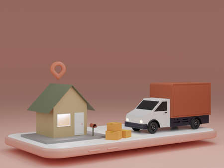 Online delivery service app concept, Delivery van and mobile phone with pin on house. 3D renderingの写真素材