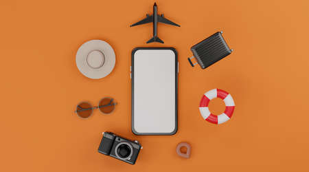 White screen mobile mockup with airplane, inflatable swimming rings, camera, luggage, hat and...