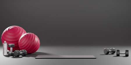 Metal dumbbell, fit ball, yoga mat and drinking water bottle. Equipment for fitness on black background. 3D Renderingの写真素材