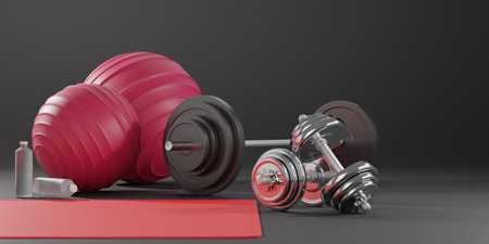 Sport fitness equipment, yoga mat,  fitness ball, bottle of water, dumbbells and barbell on black background. 3D rendering.の写真素材