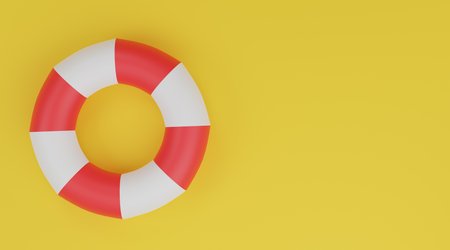 Swimming ring 3D, Life buoy red and white on yellow backgroundの写真素材