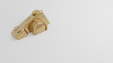 Gold camera drop in white background, technology concept. 3d renderingの写真素材