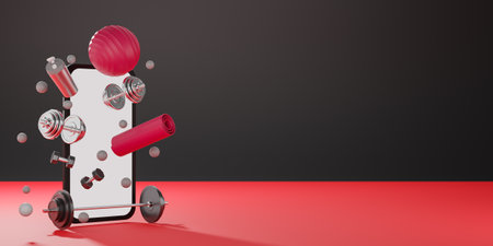 Sport fitness equipment : white screen mobile mockup, red yoga mat, fit ball, bottle of water, dumbbells and barbell on black and red background. 3D rendering.の写真素材