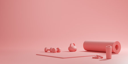Sport fitness equipment, yoga mat, kettlebell ,bottle of water, dumbbells in pink color.female concept, 3D rendering.の写真素材