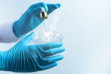 Scientist hand holding a petri dish with DNA, scientific background. 3d rendering.の写真素材