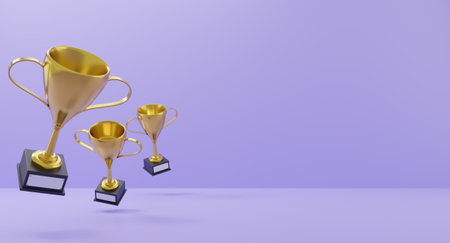 Winners gold cups on purple background. Trophies with stand. 3d rendering.の写真素材