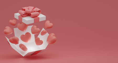 Valentine's Day concept, pink and white hearts balloons in gift box on pink background. 3D...