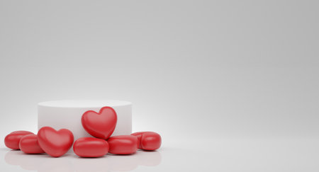 Valentine's Day concept with platform, red hearts balloons. Stand, podium, pedestal for goods 3D rendering.の写真素材