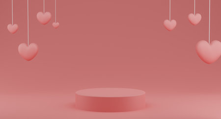 Valentine's Day concept, pink hearts balloons with round pedestal on pink background. 3D rendering.の写真素材