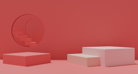 Mockup podium with stairs on pink background for product presentation. 3D rendering.の写真素材