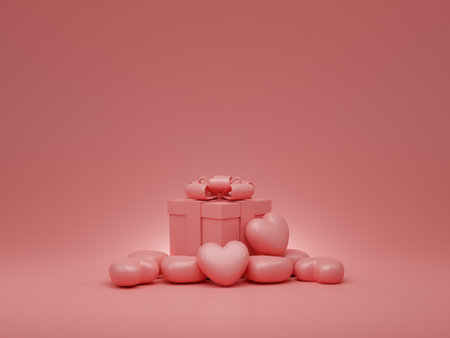 Valentine's Day concept, pink hearts and gift box with ribbon on pink background. 3D rendering.の写真素材