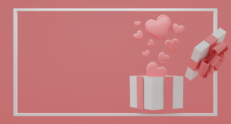 Mock up gift box with flying balloons hearts on pink color background. Festive concept. 3d...