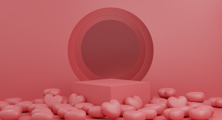 Valentine's Day concept, pink hearts with pedestal with round window on pink wall background. 3D rendering.の写真素材