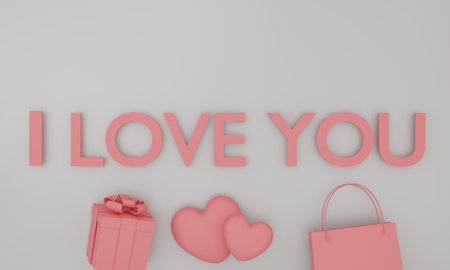 Set of mock up pink text I love you on white color background. Festive design. 3d rendering.