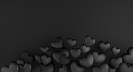 Valentine's Day concept, black hearts balloons on black background. 3D rendering.の写真素材