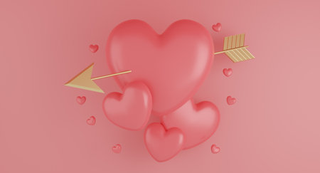Valentine's Day concept, pink hearts balloons with gold arrow on pink background. 3D rendering.の写真素材