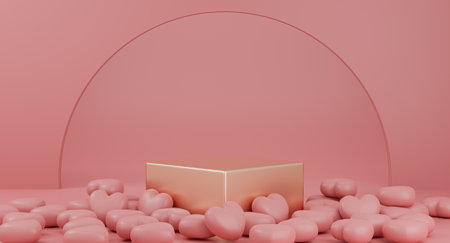 Valentine's Day : gold podium or product stand with hearts symbol of love on pastel pink background...