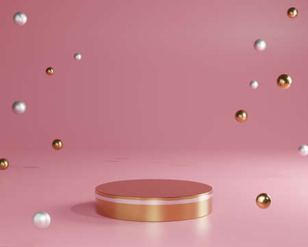 3D gold minimal podiums, pedestals, steps on pink background and gold ball decoration. Mock Up. 3d rendering.の写真素材