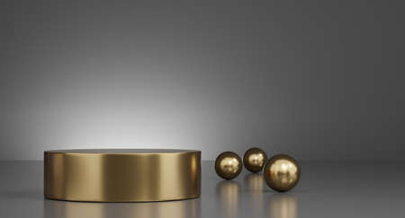 3D gold minimal podiums, pedestals, steps on the background and gold ball decoration. Mock Up. 3d...