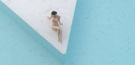 Woman in bikini sitting by the pool made from white marble stone tile with blue ripped water.
