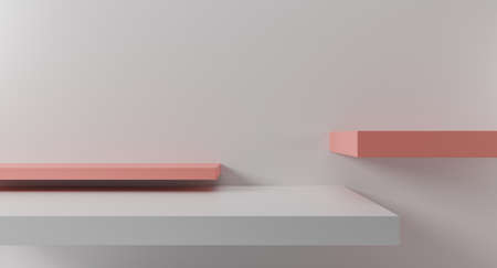 White and pink podium pedestal over white backdrop showcase, product presentation. 3D Rendering.の写真素材