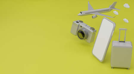 3d rendering. Traveling concept suitcase camera airplane with smartphone  on yellow background.の写真素材