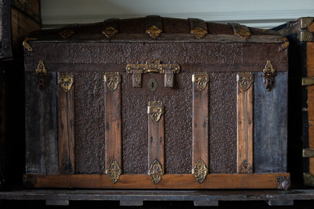 Vintage style brown wooden suitcase.の写真素材