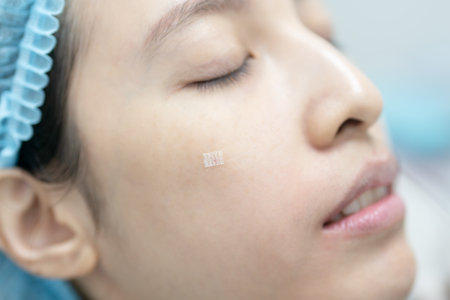 Asian woman face with sterilize band-aids after injection filler.