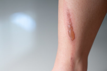 Woman leg blistered and red skin from accidental scalds.