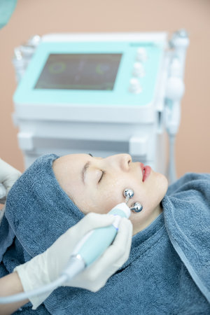 Beautician hand making ultrasound facial procedure by special equipment.