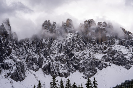 Mountain peaks at Karersee in Dolomites Italy.