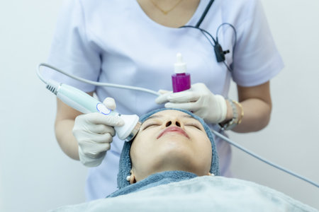 Beautician hand making ultrasound facial procedure by special equipment.