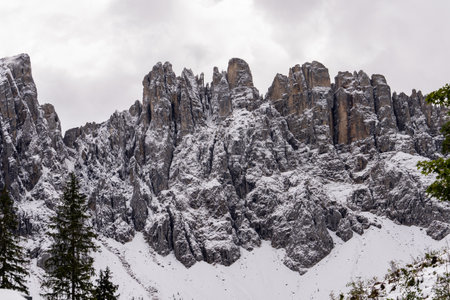 Mountain peaks at Karersee in Dolomites Italy.の写真素材