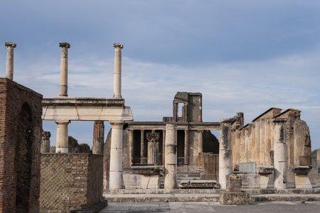 View of ancient Roman city ruins street of Pompei, destroyed from eruption of Mount Vesuvius in 1st century.の写真素材