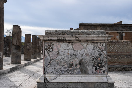 View of ancient Roman city ruins street of Pompei, destroyed from eruption of Mount Vesuvius in 1st century.の写真素材