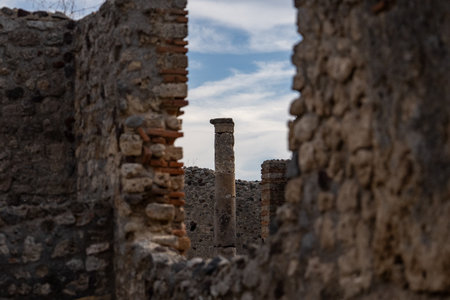 View of ancient Roman city ruins of Pompei, destroyed from eruption of Mount Vesuvius in 1st century.の写真素材