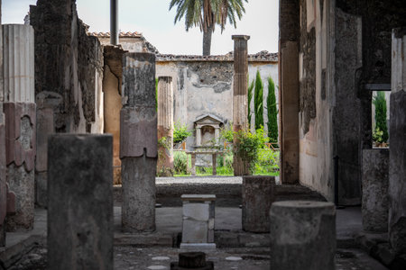 View of ancient Roman city ruins of Pompei, destroyed from eruption of Mount Vesuvius in 1st century.の写真素材