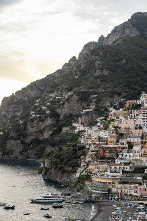View over Positano town and beach in Amalfi coast in Italy.の写真素材