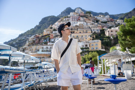 Man enjoy holiday in Positano beach on Amalfi, Italy.の写真素材